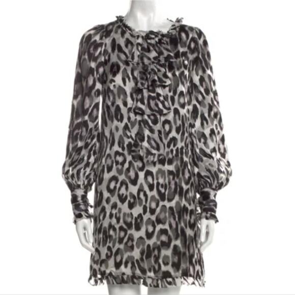 Milly 100% Silk Grey Black Cheetah Print Ruffle Long Sleeve Dress Size 10 - Picture 1 of 5